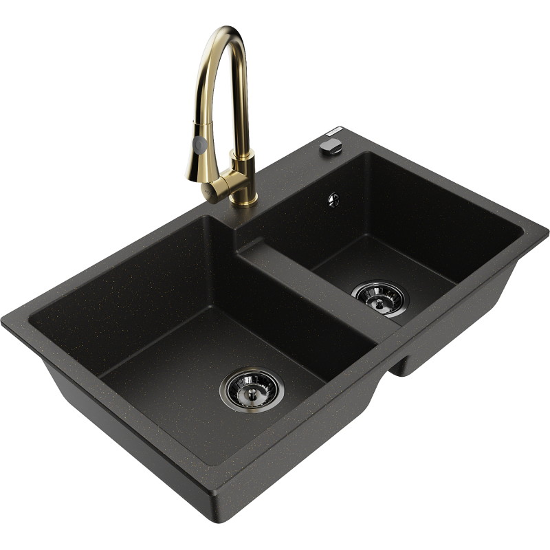 Mexen Tomas 2-bowl granite sink with Elia kitchen faucet, black/gold metallic - 6516-75-670101-50-B