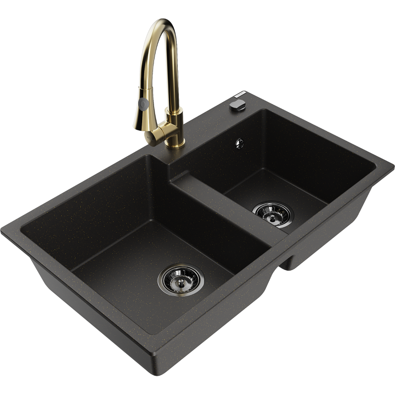 Mexen Tomas 2-compartment granite sink with a kitchen mixer tap Elia, Black/Gold metallic - 6516-75-670101-50-B