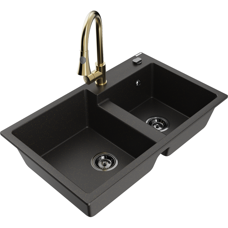 Mexen Tomas granite sink double-bowl with Elia kitchen tap, black/golden metallic - 6516-75-670101-50-B