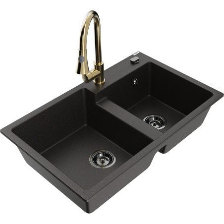 Mexen Tomas granite double bowl sink with kitchen faucet Elia, black/gold metallic - 6516-75-670101-50-B