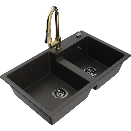Mexen Tomas granite sink double-bowl with Elia kitchen tap, black/golden metallic - 6516-75-670101-50-B