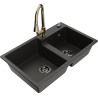 Mexen Tomas 2-bowl granite sink with Elia kitchen faucet, black/gold metallic - 6516-75-670101-50-B