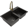 Mexen Tomas granite sink double-bowl with Elia kitchen tap, black/golden metallic - 6516-75-670101-50-B