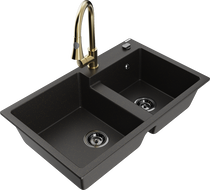 Mexen Tomas granite double bowl sink with kitchen faucet Elia, black/gold metallic - 6516-75-670101-50-B
