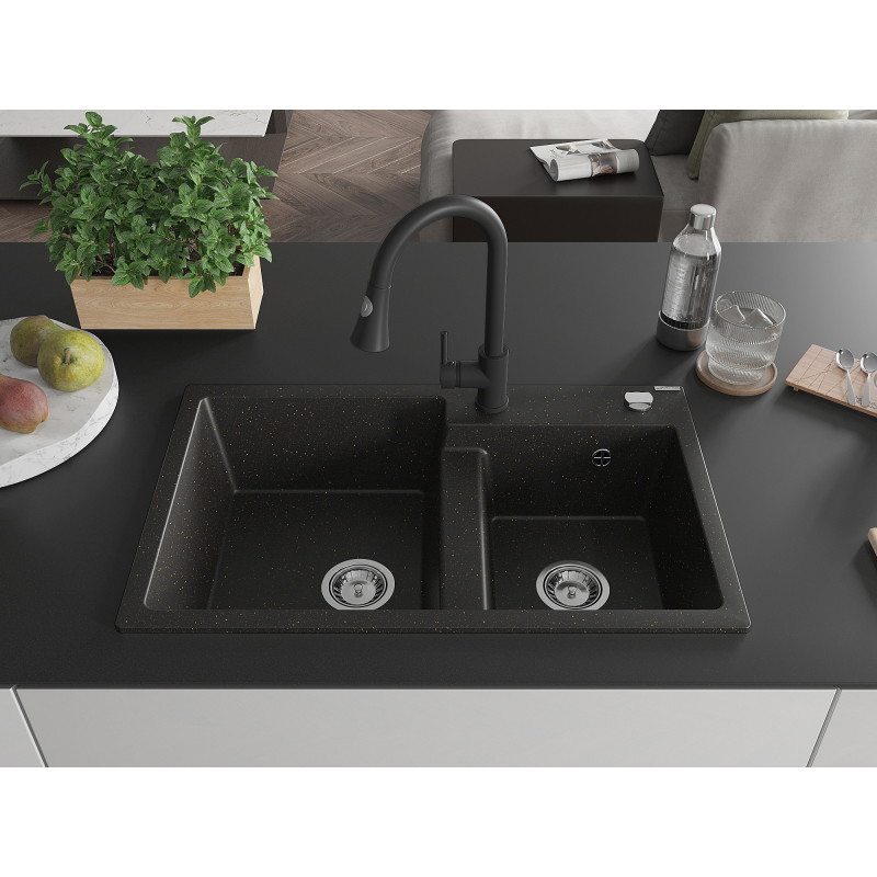Mexen Tomas granite double-bowl kitchen sink with Elia faucet, black/gold metallic - 6516-75-670101-70