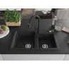 Mexen Tomas granite double-bowl kitchen sink with Elia faucet, black/gold metallic - 6516-75-670101-70
