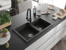 Mexen Tomas 2-bowl granite sink with Elia kitchen faucet, black/gold metallic - 6516-75-670101-70