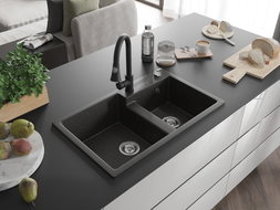 Mexen Tomas 2-bowl granite sink with Elia kitchen faucet, black/gold metallic - 6516-75-670101-70