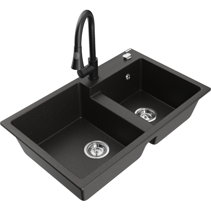Mexen Tomas 2-compartment granite sink with a kitchen mixer tap Elia, Black/Gold metallic - 6516-75-670101-70