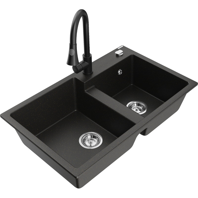 Mexen Tomas granite double-bowl kitchen sink with Elia faucet, black/gold metallic - 6516-75-670101-70