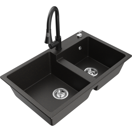 Mexen Tomas 2-bowl granite sink with Elia kitchen faucet, black/gold metallic - 6516-75-670101-70