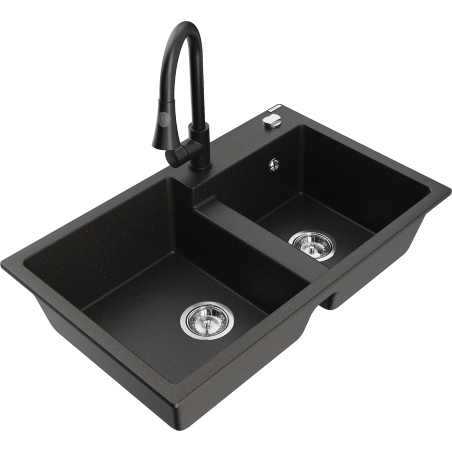 Mexen Tomas 2-bowl granite sink with Elia kitchen tap, black/gold metallic - 6516-75-670101-70