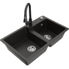 Mexen Tomas 2-bowl granite sink with Elia kitchen tap, black/gold metallic - 6516-75-670101-70