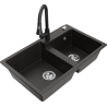 Mexen Tomas granite double-bowl kitchen sink with Elia faucet, black/gold metallic - 6516-75-670101-70