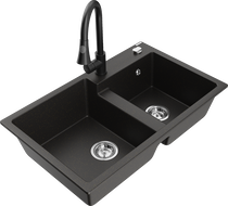 Mexen Tomas 2-bowl granite sink with Elia kitchen faucet, black/gold metallic - 6516-75-670101-70