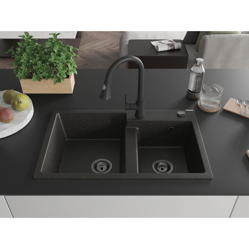 Mexen Tomas granite double-bowl sink with Elia kitchen faucet, black/gold metallic - 6516-75-670101-70-B