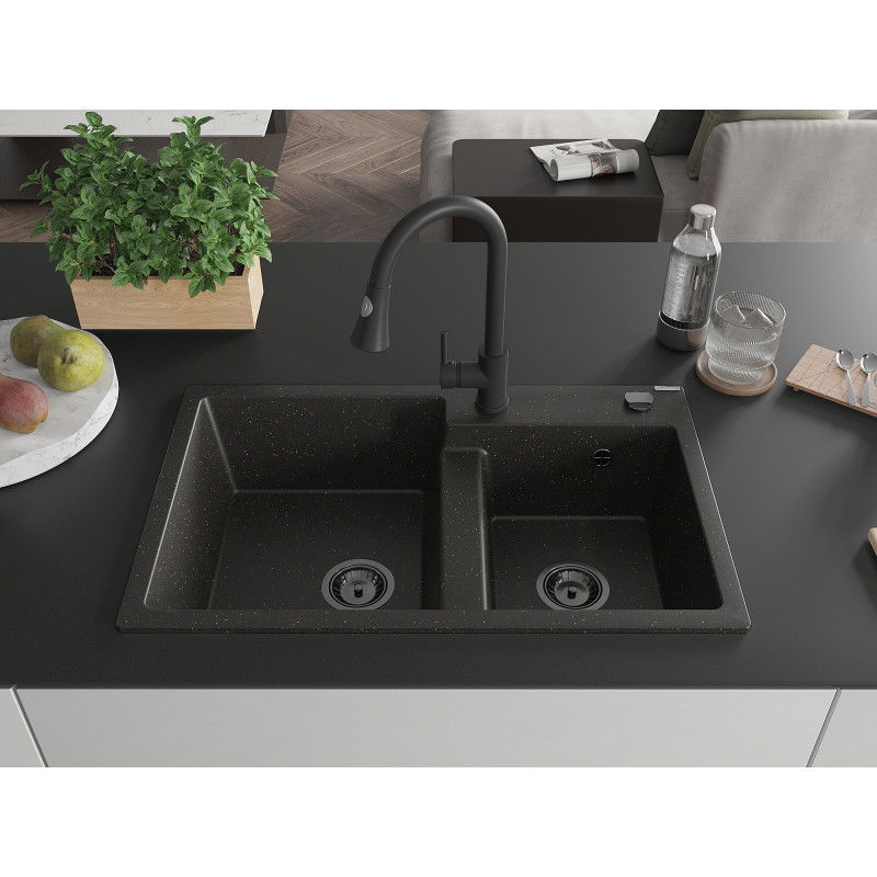 Mexen Tomas granite sink 2-chamber with Elia kitchen tap, black/gold metallic - 6516-75-670101-70-B