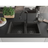 Mexen Tomas granite double-bowl sink with Elia kitchen faucet, black/gold metallic - 6516-75-670101-70-B