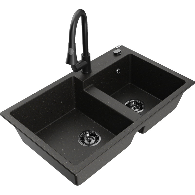 Mexen Tomas granite double-bowl sink with Elia kitchen faucet, black/gold metallic - 6516-75-670101-70-B