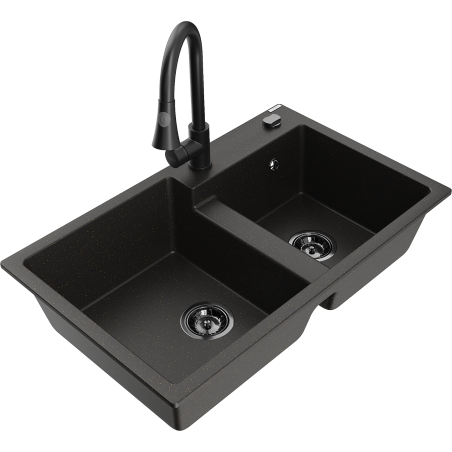 Mexen Tomas granite double-bowl sink with Elia kitchen faucet, black/gold metallic - 6516-75-670101-70-B