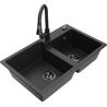 Mexen Tomas granite double-bowl sink with Elia kitchen faucet, black/gold metallic - 6516-75-670101-70-B