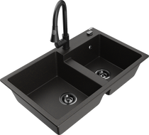 Mexen Tomas 2-bowl granite sink with Elia kitchen faucet, black/gold metallic - 6516-75-670101-70-B