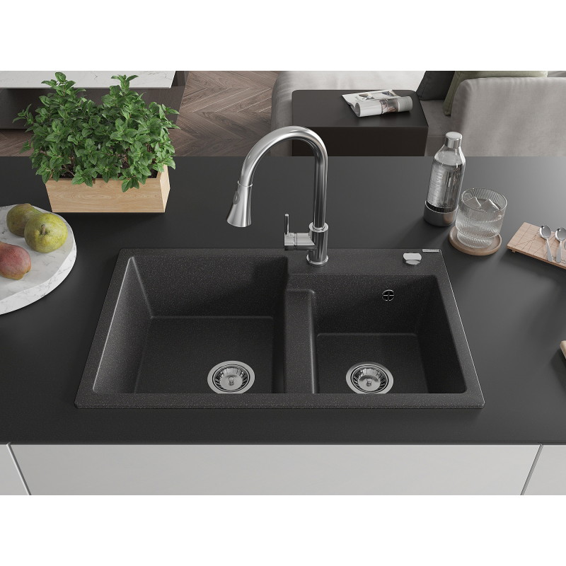 Mexen Tomas 2-bowl granite kitchen sink with Elia faucet, speckled black - 6516-76-670101-00