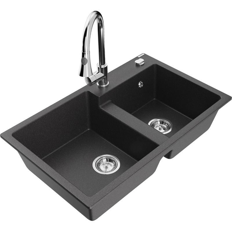 Mexen Tomas 2-compartment granite sink with a kitchen mixer tap Elia, spotted black - 6516-76-670101-00