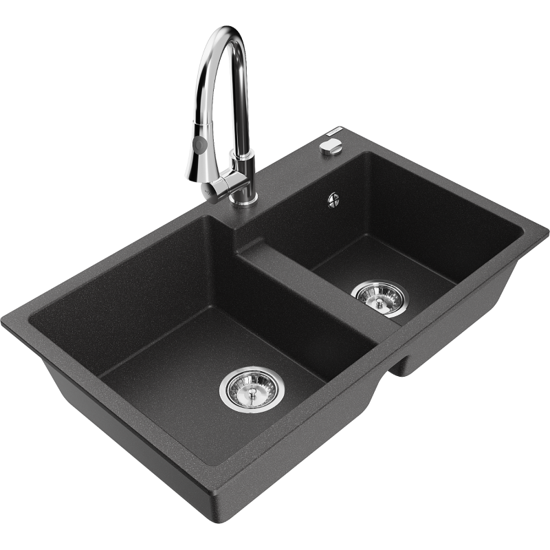 Mexen Tomas granite sink 2-bowl with Elia kitchen tap, black speckled - 6516-76-670101-00