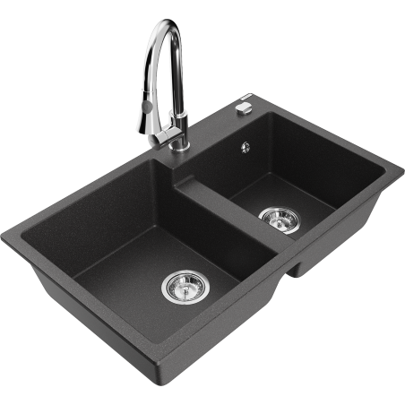 Mexen Tomas 2-bowl granite kitchen sink with Elia faucet, speckled black - 6516-76-670101-00