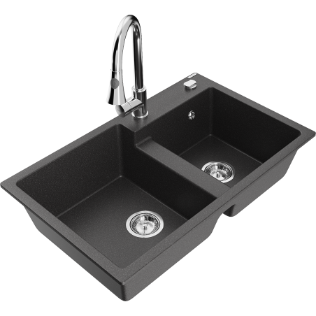 Mexen Tomas granite sink 2-bowl with Elia kitchen tap, black speckled - 6516-76-670101-00