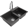Mexen Tomas granite double bowl kitchen sink with Elia faucet, black speckled - 6516-76-670101-00