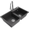 Mexen Tomas granite sink 2-bowl with Elia kitchen tap, black speckled - 6516-76-670101-00