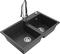 Mexen Tomas 2-bowl granite kitchen sink with Elia faucet, speckled black - 6516-76-670101-00