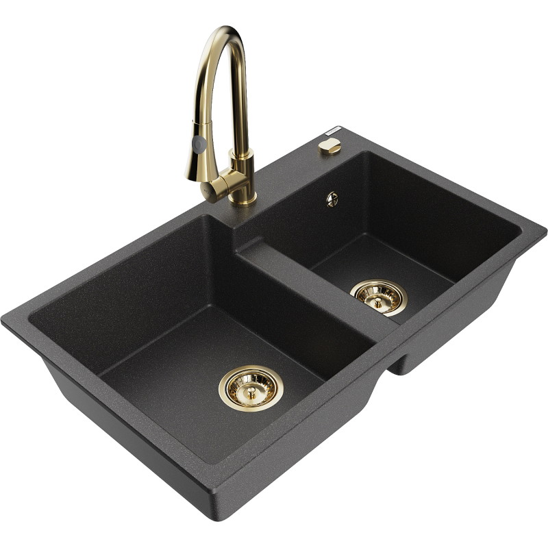 Mexen Tomas granite double-bowl kitchen sink with Elia faucet, black speckled - 6516-76-670101-50