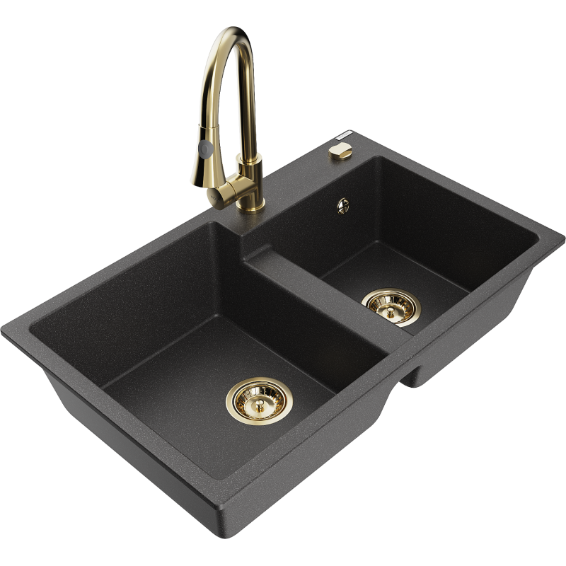 Mexen Tomas granite sink 2-bowl with Elia kitchen tap, black speckled - 6516-76-670101-50