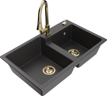 Mexen Tomas granite double-bowl kitchen sink with Elia faucet, black speckled - 6516-76-670101-50