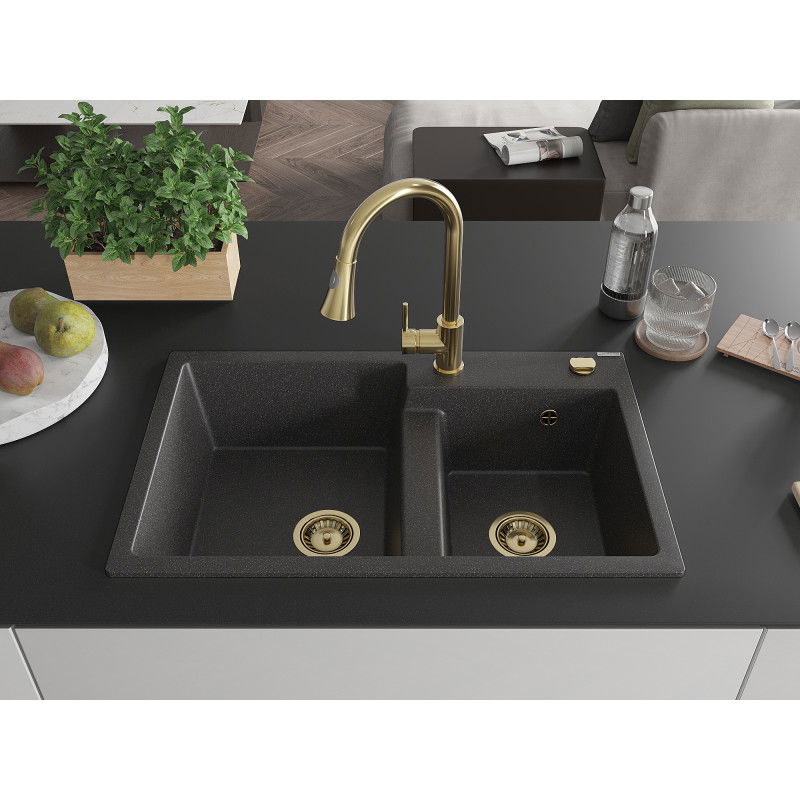 Mexen Tomas granite sink 2-bowl with Elia kitchen tap, black speckled - 6516-76-670101-50