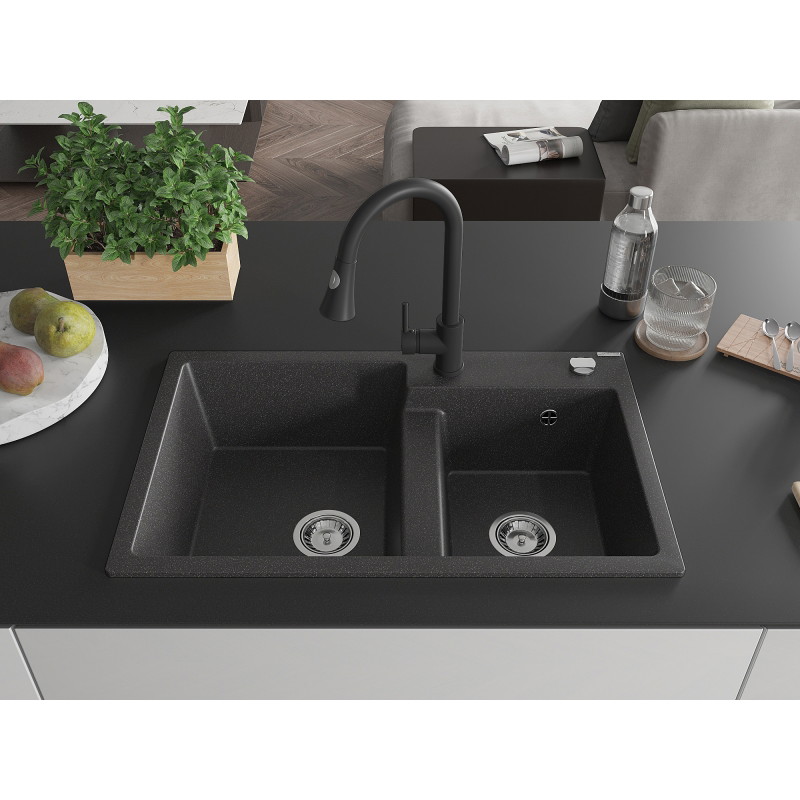 Mexen Tomas 2-Bowl Granite Sink with Elia Kitchen Faucet, Speckled Black - 6516-76-670101-70