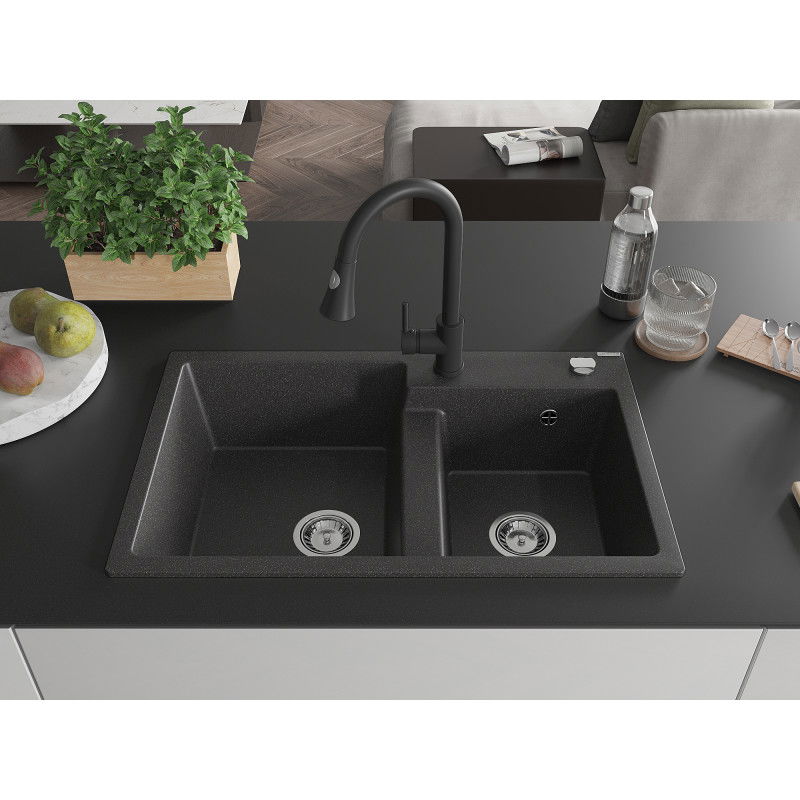 Mexen Tomas granite sink 2-bowl with Elia kitchen tap, black speckled - 6516-76-670101-70