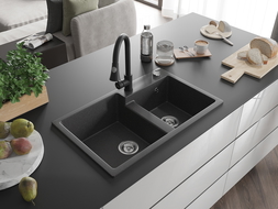 Mexen Tomas 2-compartment granite sink with a kitchen mixer tap Elia, spotted black - 6516-76-670101-70
