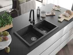 Mexen Tomas granite sink 2-bowl with Elia kitchen tap, black speckled - 6516-76-670101-70