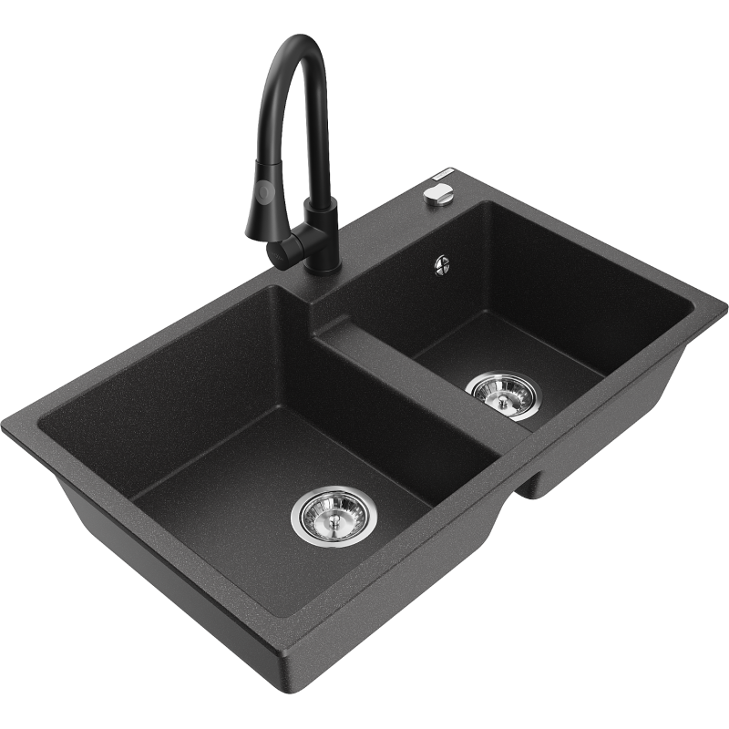 Mexen Tomas 2-compartment granite sink with a kitchen mixer tap Elia, spotted black - 6516-76-670101-70