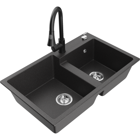 Mexen Tomas granite sink 2-bowl with Elia kitchen tap, black speckled - 6516-76-670101-70