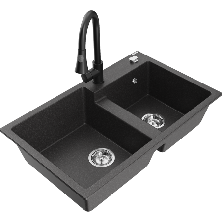 Mexen Tomas granite sink 2-chamber with kitchen faucet Elia, black speckled - 6516-76-670101-70