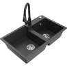 Mexen Tomas granite sink 2-bowl with Elia kitchen tap, black speckled - 6516-76-670101-70
