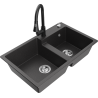 Mexen Tomas granite sink 2-chamber with kitchen faucet Elia, black speckled - 6516-76-670101-70