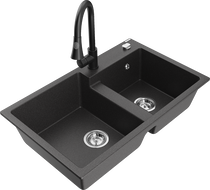 Mexen Tomas 2-Bowl Granite Sink with Elia Kitchen Faucet, Speckled Black - 6516-76-670101-70