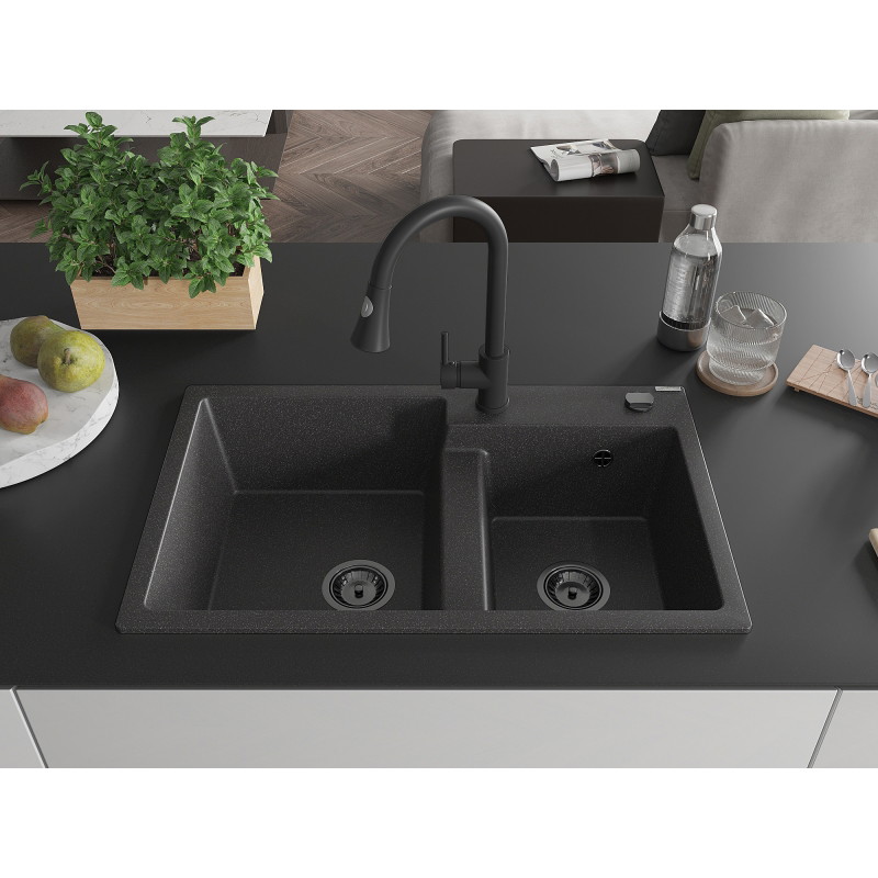 Mexen Tomas granite double-bowl kitchen sink with Elia kitchen faucet, speckled black - 6516-76-670101-70-B