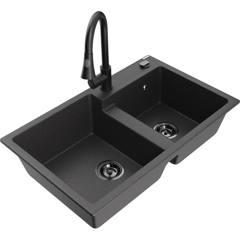 Mexen Tomas granite sink 2-chamber with kitchen tap Elia, black speckled - 6516-76-670101-70-B